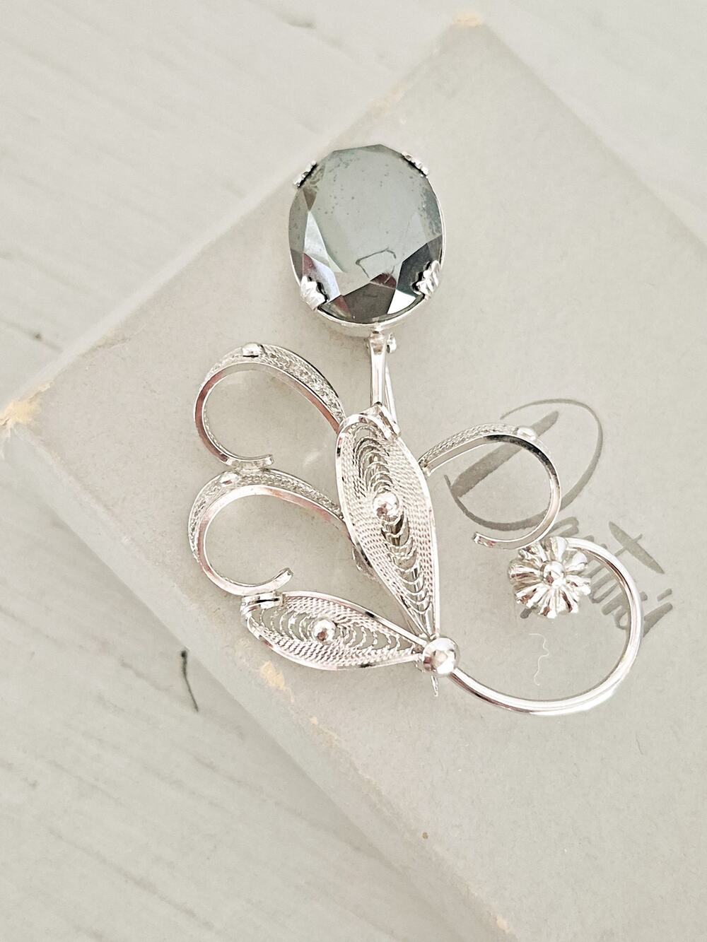 Vintage Sterling Silver Sorrento Designer Hematite Flower Filigree Brooch Pin